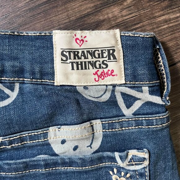 Justice X Stranger Things Smiley Peace Sign Denim Jeans Size 16 - Picture 4 of 8